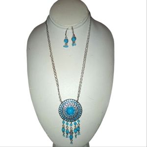 Blue and silver tone necklace and earring set